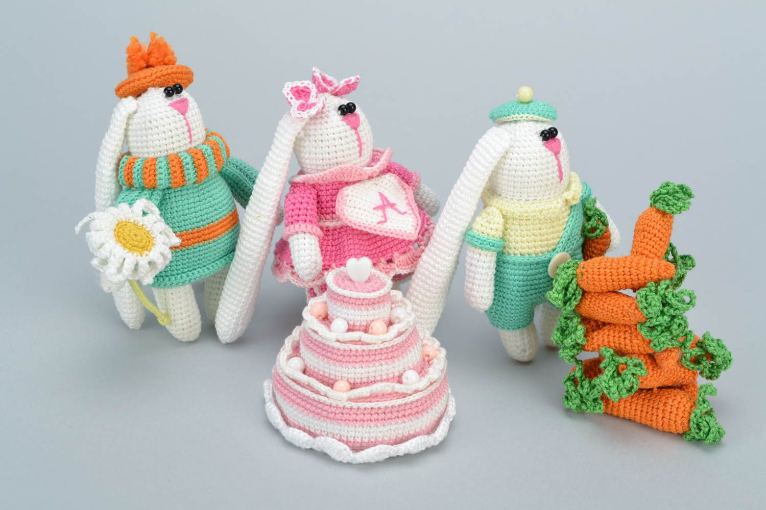 Set of beautiful handmade colorful crochet soft toys 3 pieces photo 4