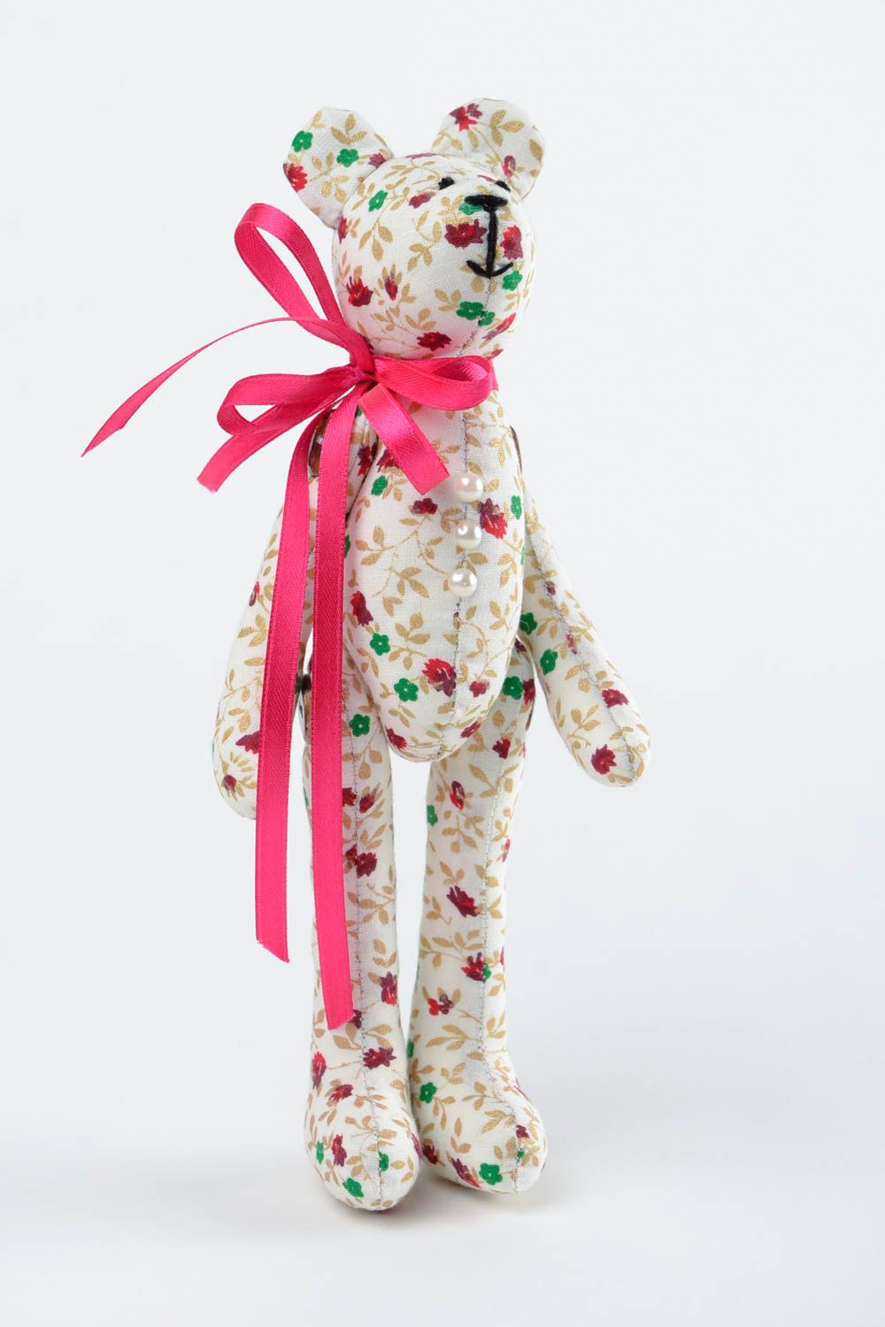 Peluche ours Jouet enfant fait main en coton blanc motif floral Cadeau original photo 4