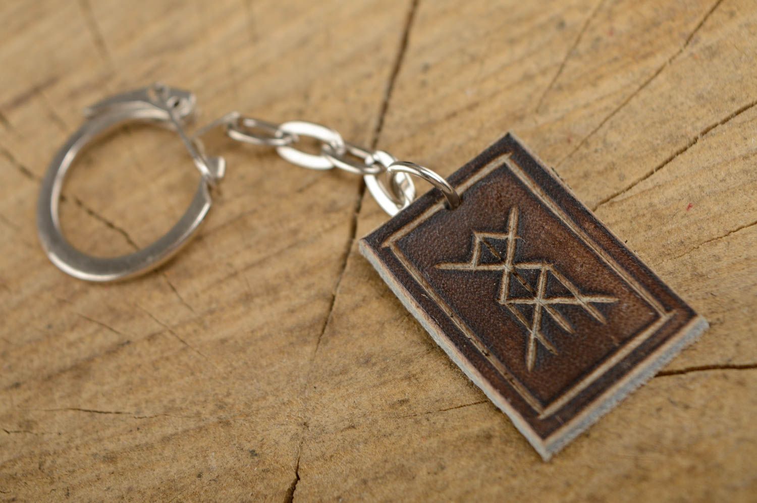 Genuine leather keychain with runes photo 1