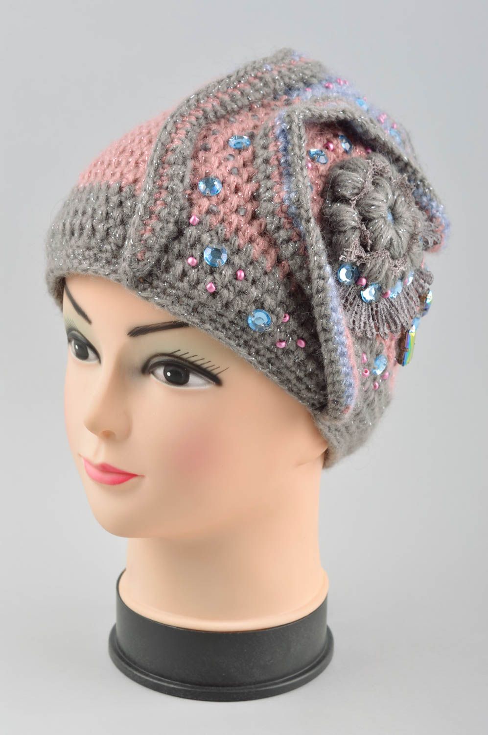 Handmade winter female cap unusual knitted cap stylish warm hat for women photo 2