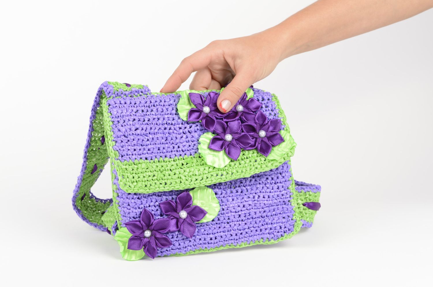 Handmade bag for children on harness little light green and lilac bag  photo 5