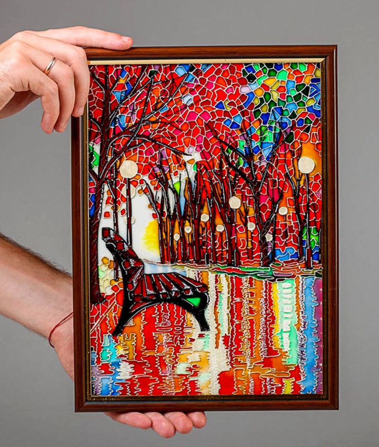 Stained glass picture in wooden frame Autumn park photo 4