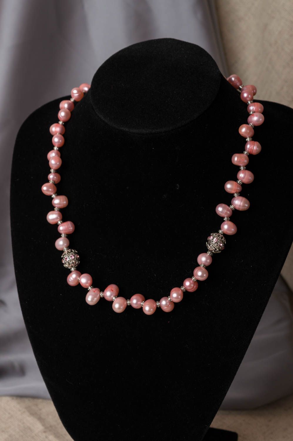 Handmade elegant designer necklace with pink pearls and latten elements for lady photo 1
