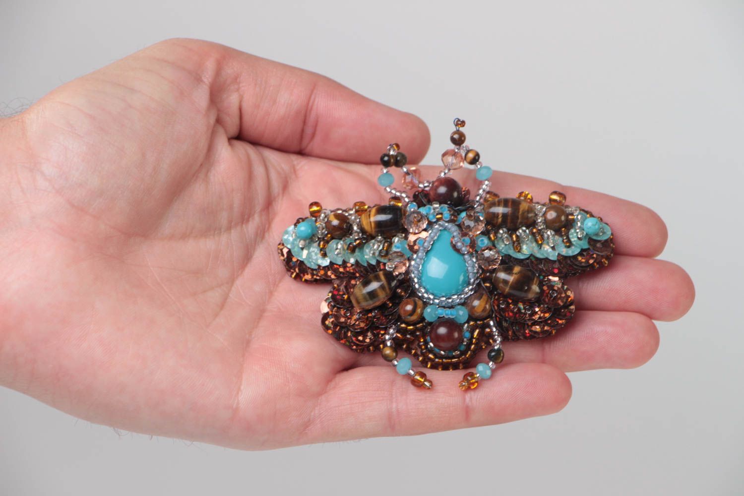 Beautiful volume handmade designer beaded brooch with natural stones blue Bug photo 5