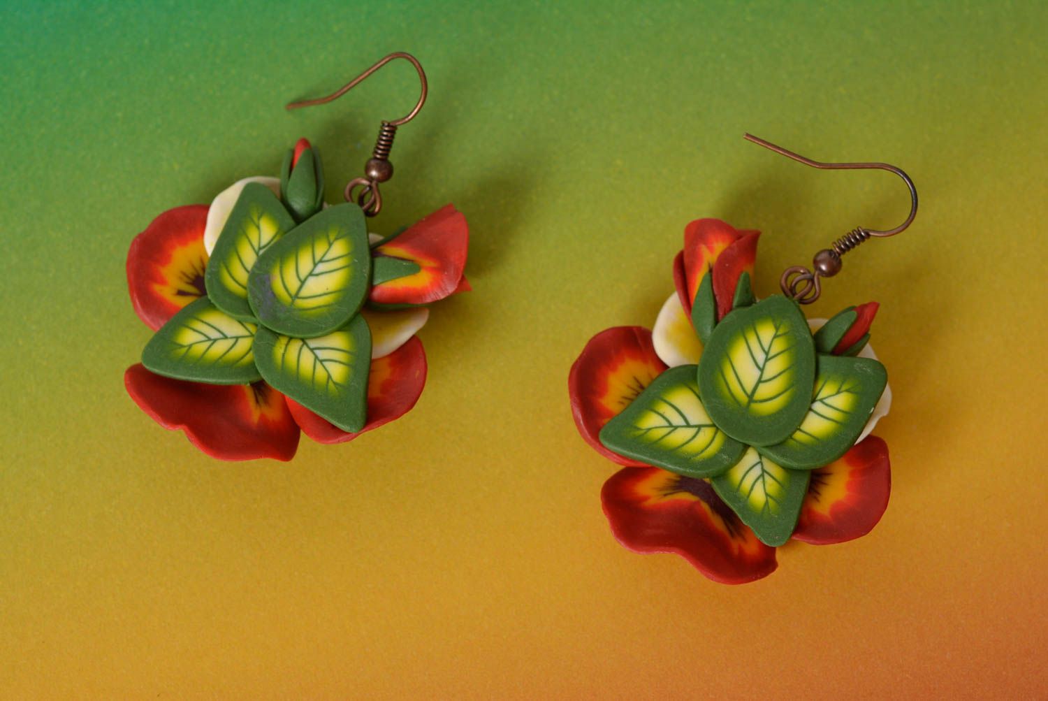 Beautiful handmade claret plastic flower earrings Pansies women's jewelry photo 3