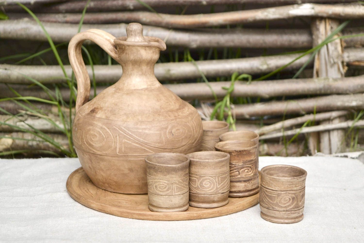 Jarro de cerámica artesanal vaso de chupito bandeja redonda de arcilla natural foto 1