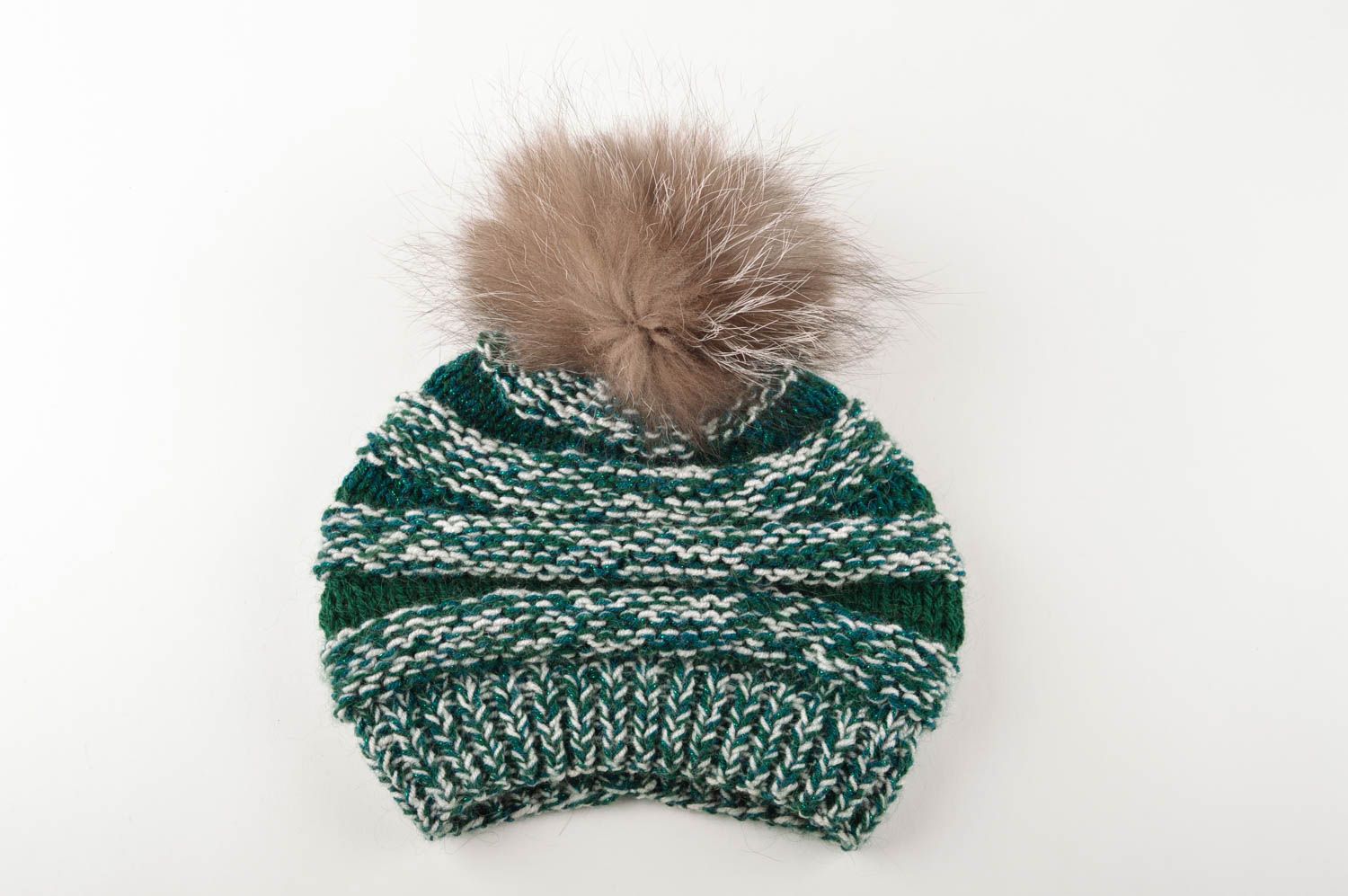 Вязаная шапка ручной работы шапка зимняя зеленая шапка с мехом для девушек фото 5