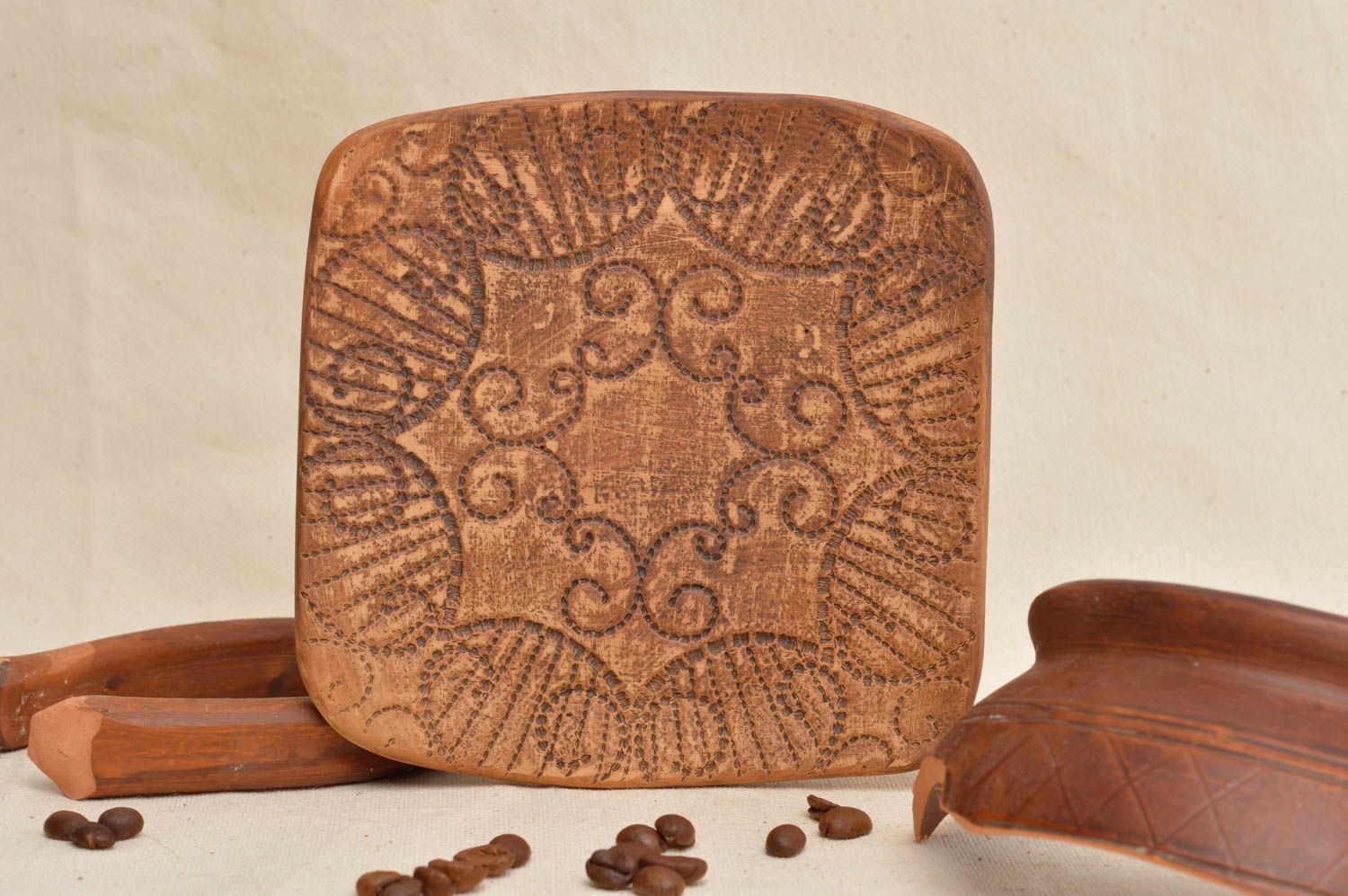 Plato de cerámica cuadrado vajilla de barro con ornamentos regalo original foto 1