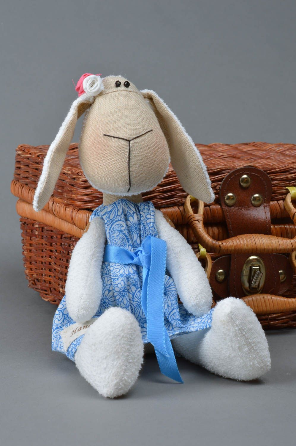 Cute handmade designer cotton and linen fabric soft toy Lamb in blue for kids photo 3
