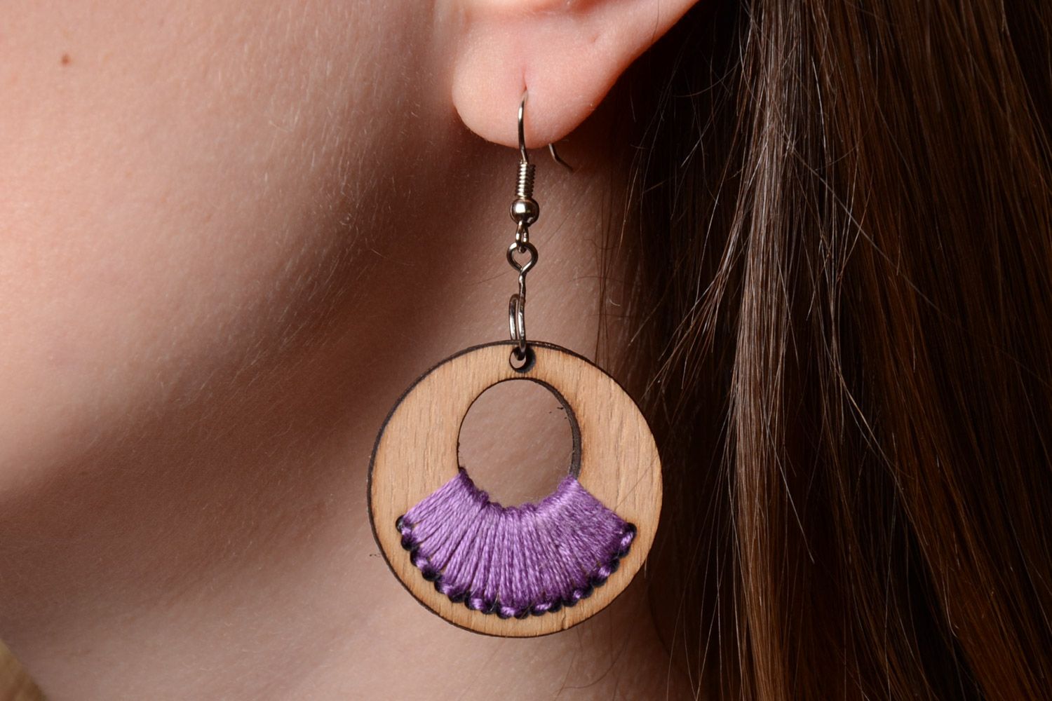 Handmade round shaped plywood earrings with purple embroidery   photo 5