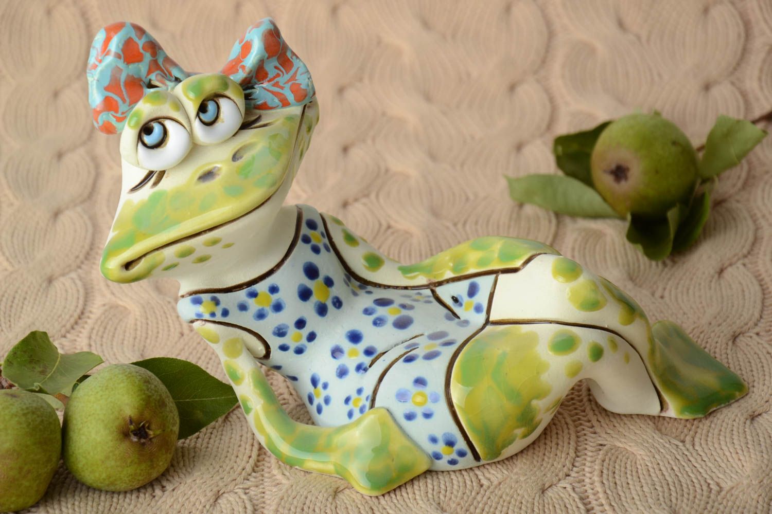Unusual handmade statuette clay figurine frog colorful designer home decor photo 1