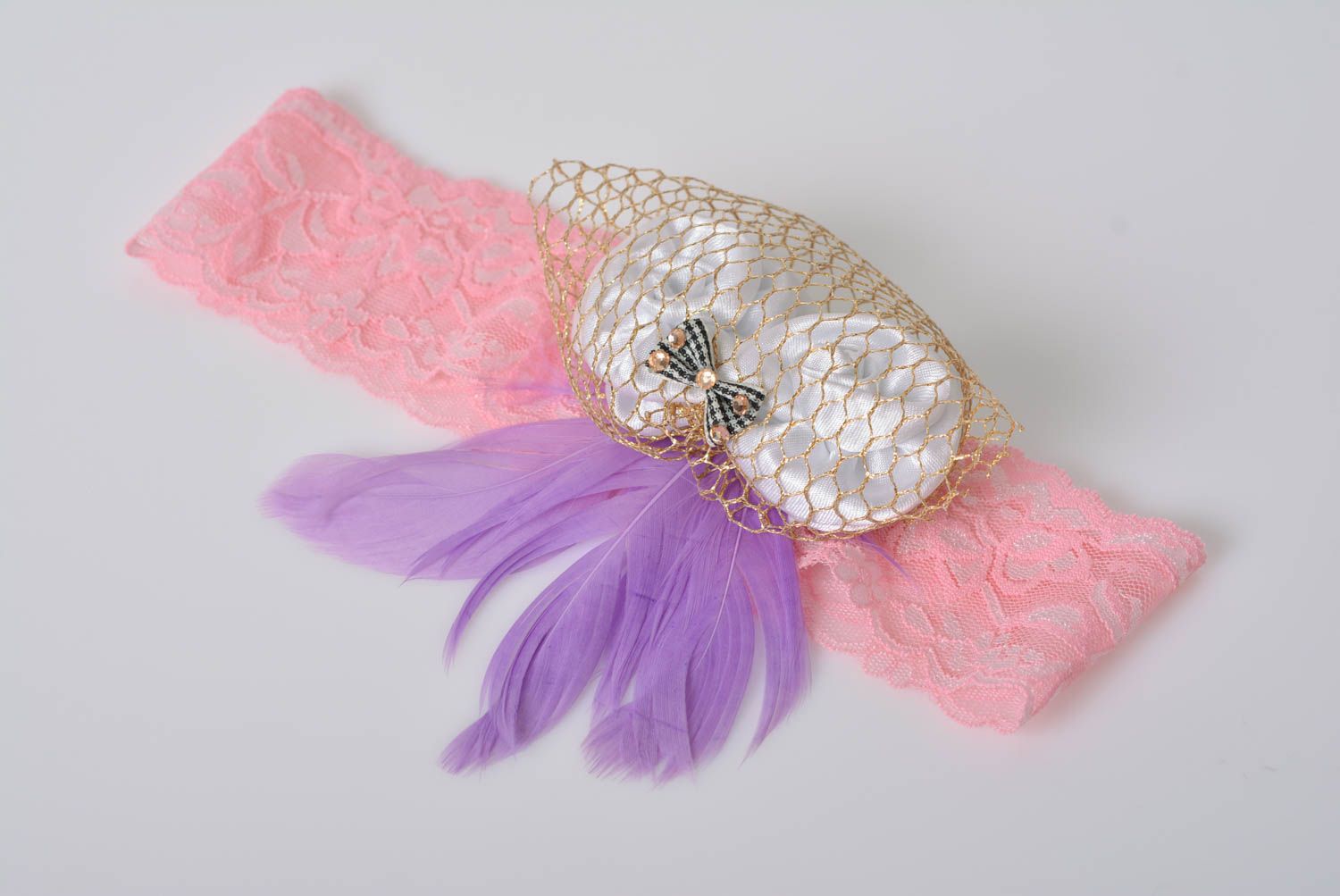 Beautiful handmade children's headband with lace bow and feathers photo 1