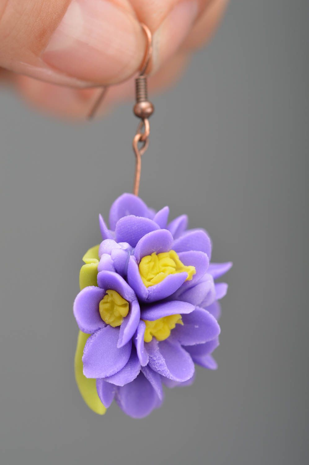 Handmade lilac and yellow beautiful flower ball earrings made of polymer clay  photo 3