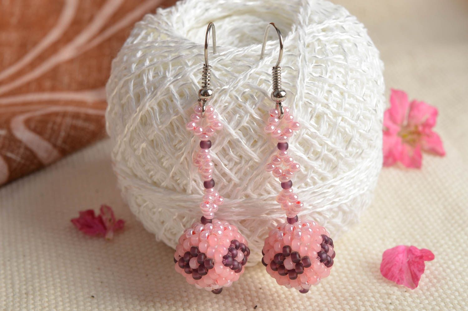 Tender designer long dangle earrings with pink bead woven balls photo 1