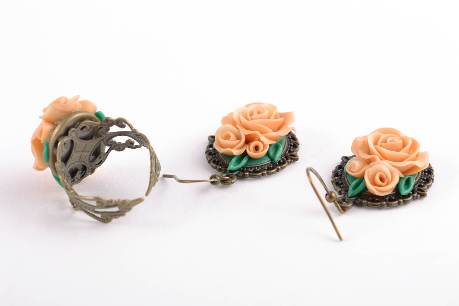 Серьги и кольцо комплект украшений из полимерной глины в винтажном стиле  фото 4