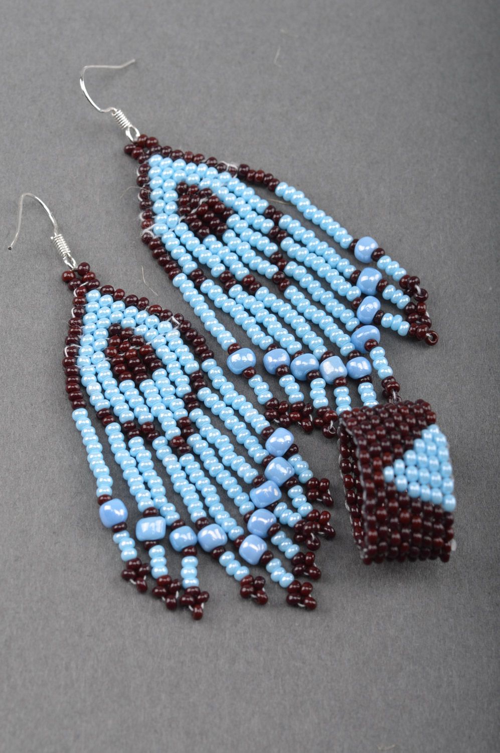 Handmade designer women's beaded jewelry set 2 items earrings and ring Blue and Black photo 2