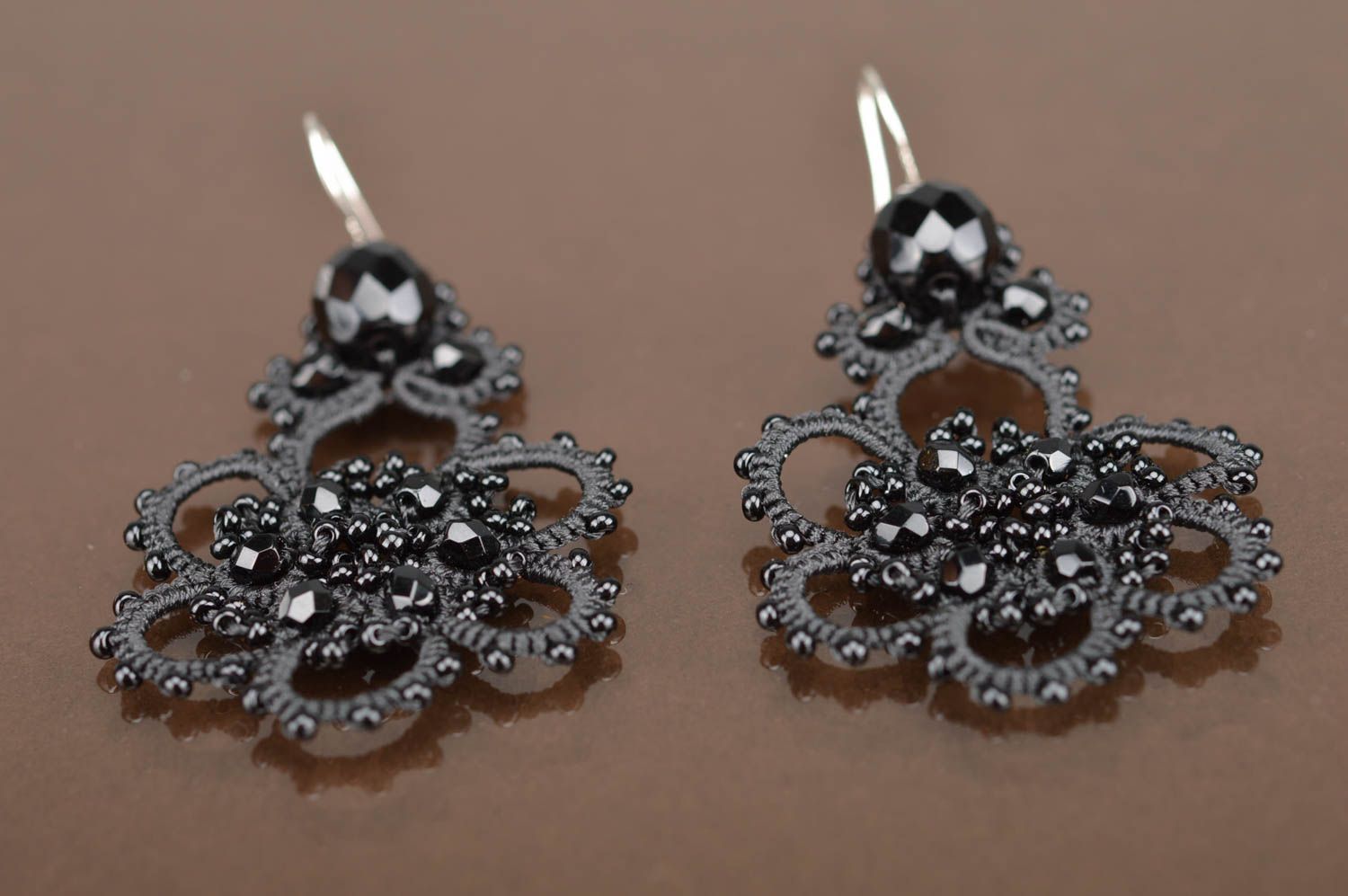 Handmade elegant beautiful evening black earrings made using tatting technique photo 2