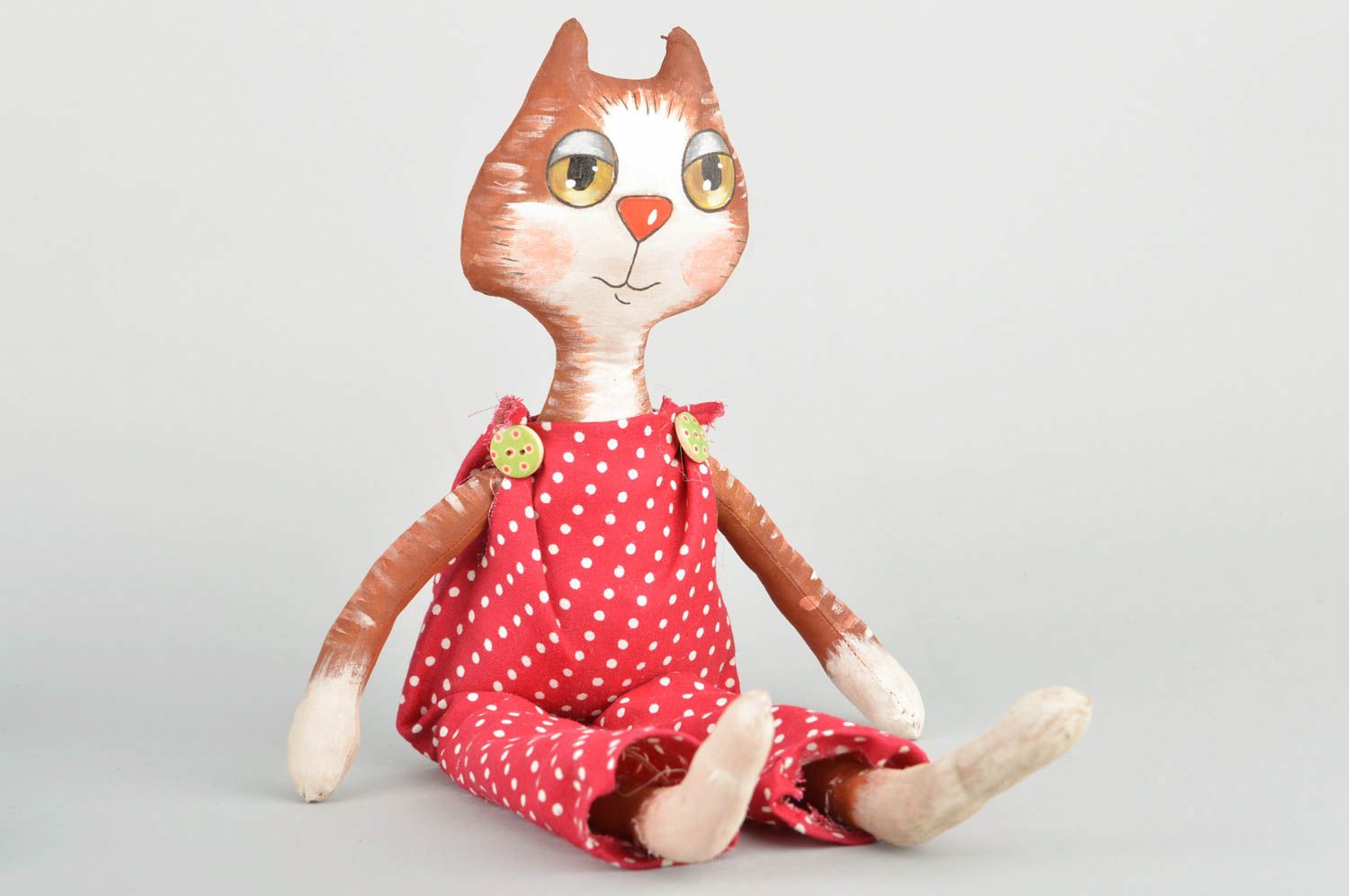 Handmade designer fabric soft toy with vanilla fragrance cat in red overall photo 2