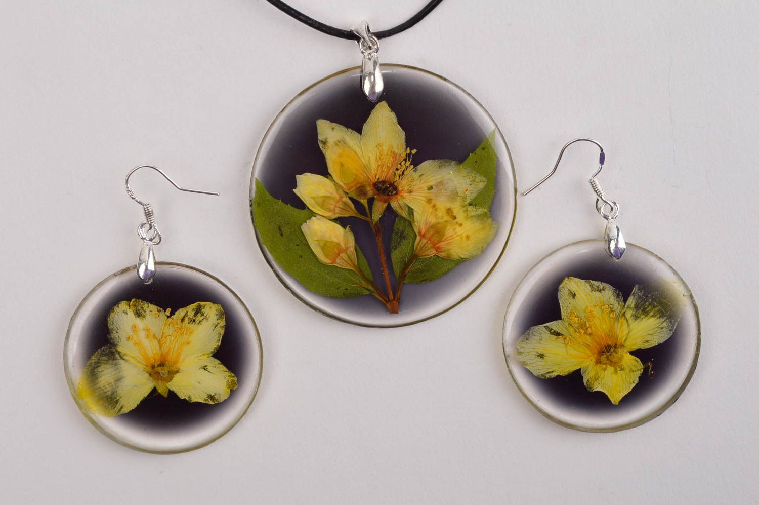 Unusual handmade jewelry set botanical earrings epoxy pendant gifts for her photo 2
