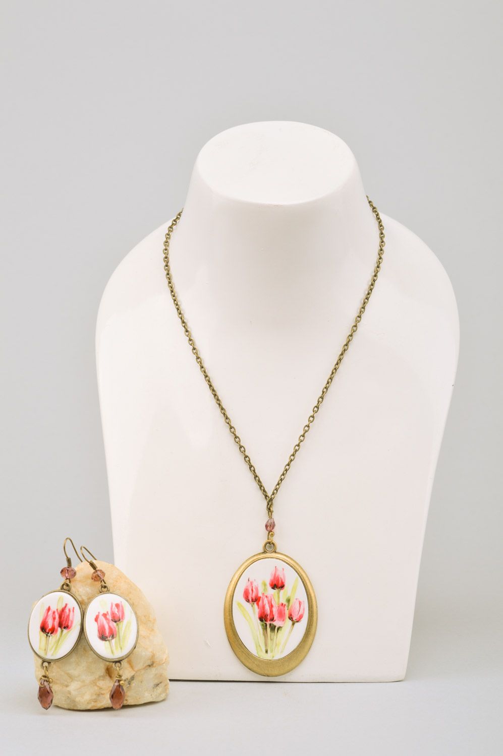Handmade metal jewelry set with miniature painting 2 items pendant and earrings Tulips photo 3