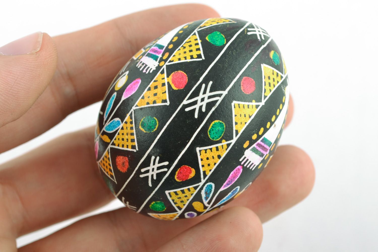 Beautiful chicken Easter egg pysanka with handmade painting on black background photo 2
