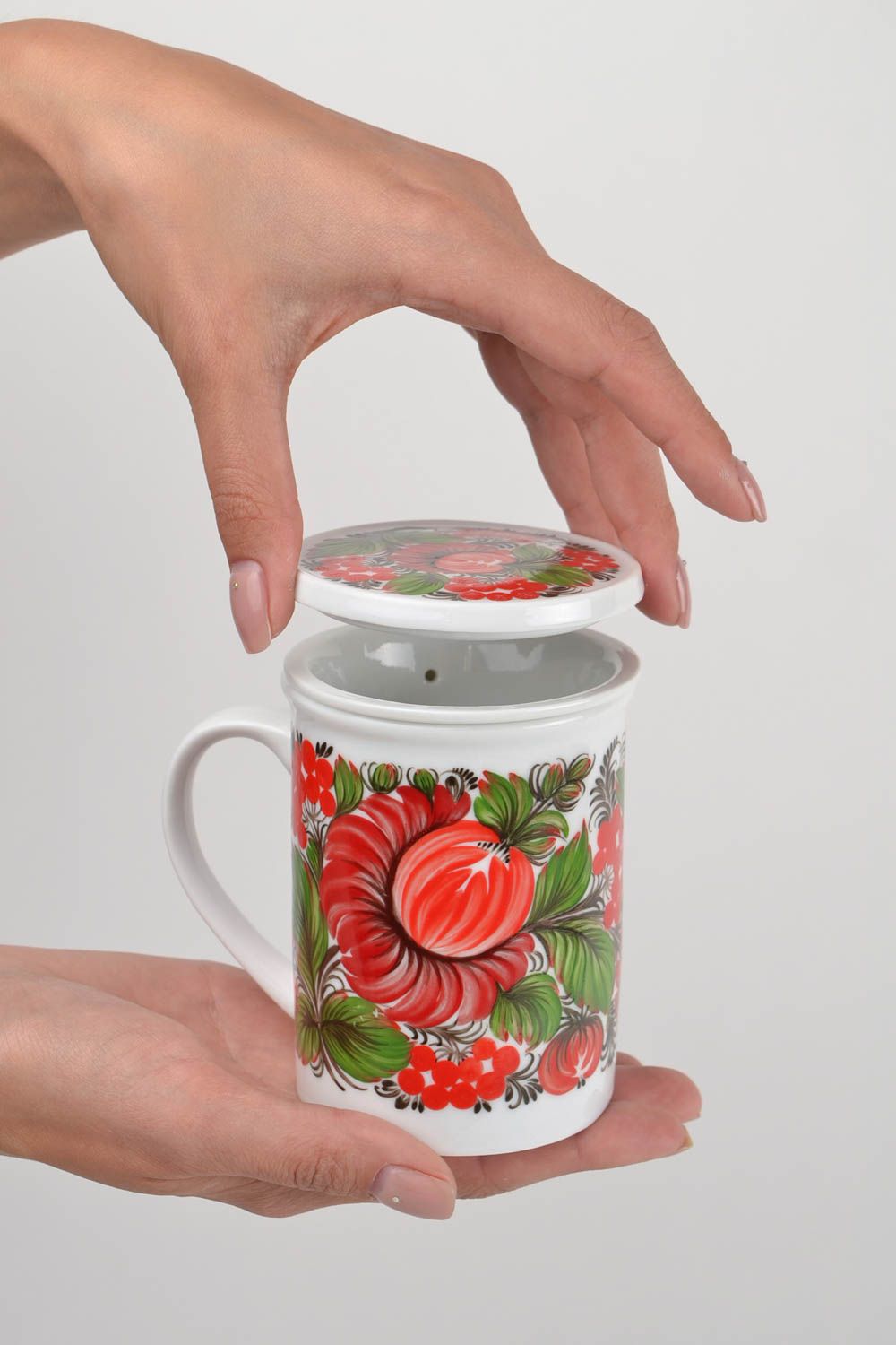 Красивая чашка заварник из фарфора с Петриковской росписью ручной работы фото 2