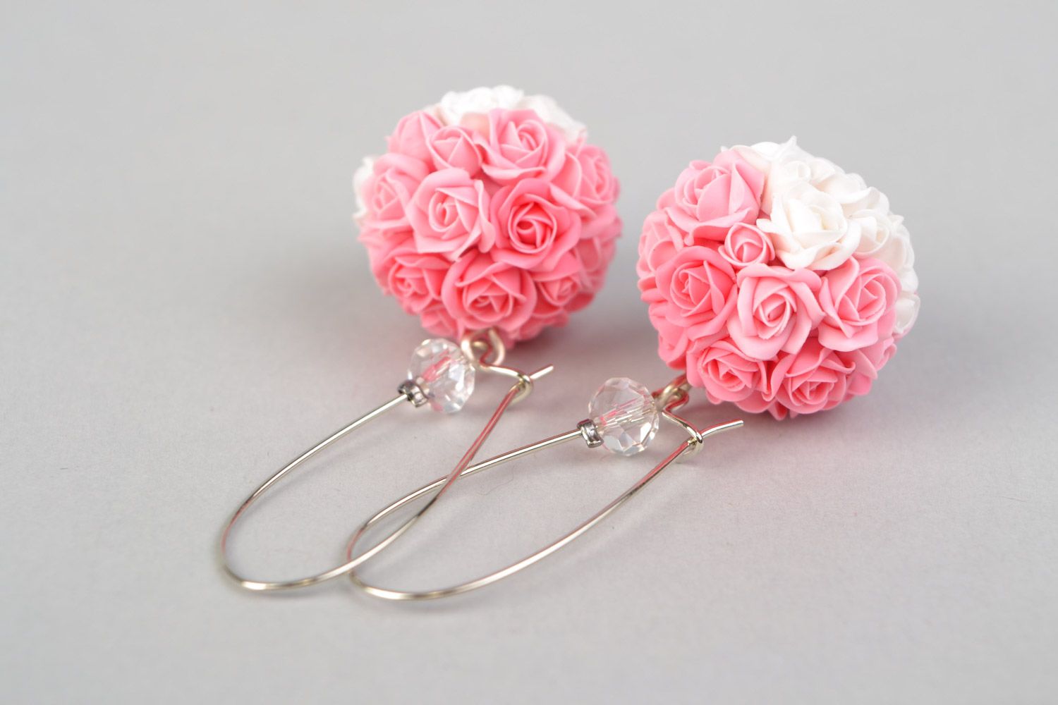 Handmade long delicate earrings made of polymer clay in the form of bouquets of roses photo 3