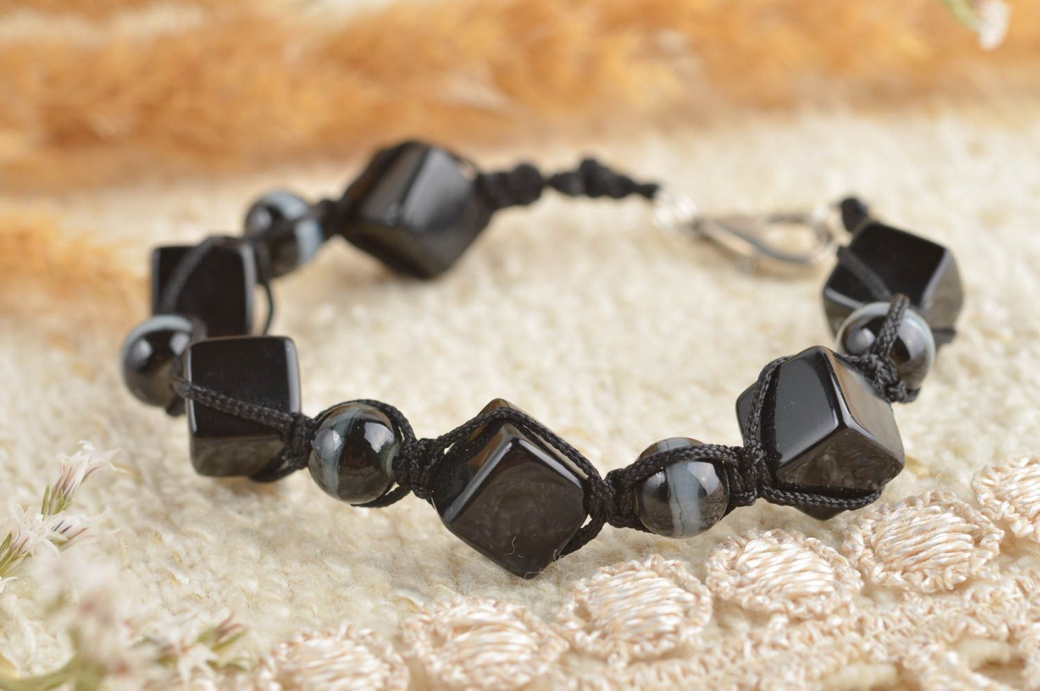 Black beads' black cord strand bracelet  photo 1