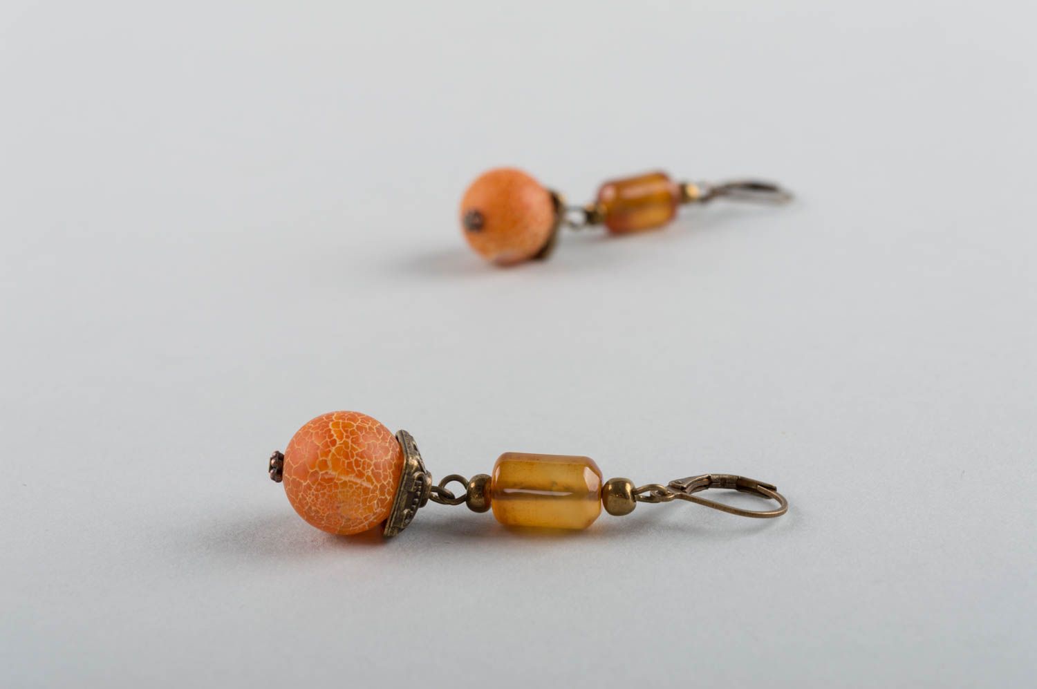 Refined handmade designer brass earrings with orange natural agate stone beads photo 5
