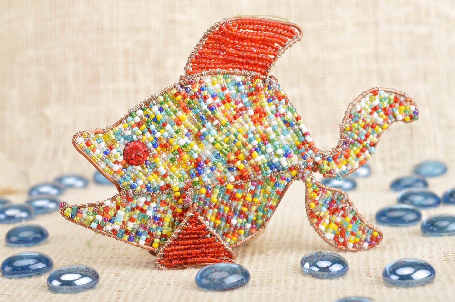 Handmade bright colorful beaded wall hanging decoration in the shape of fish photo 1
