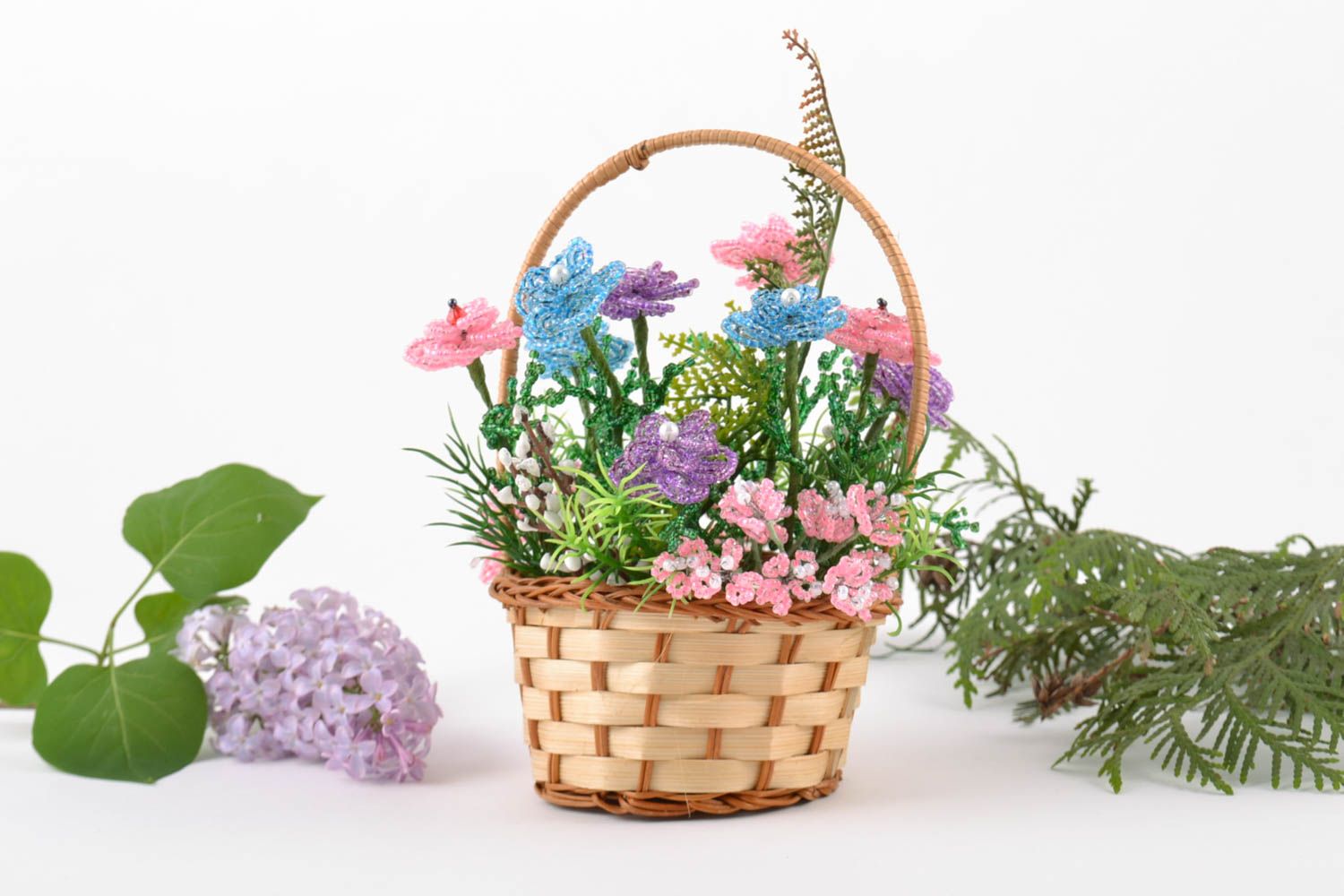 Handmade small decorative basket with pink blue and violet beaded flowers photo 1