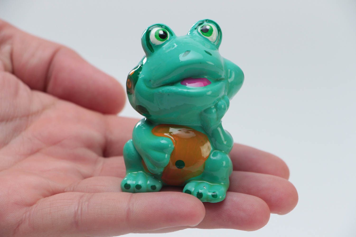 Beautiful handmade designer plaster statuette painted with acrylics green frog photo 5