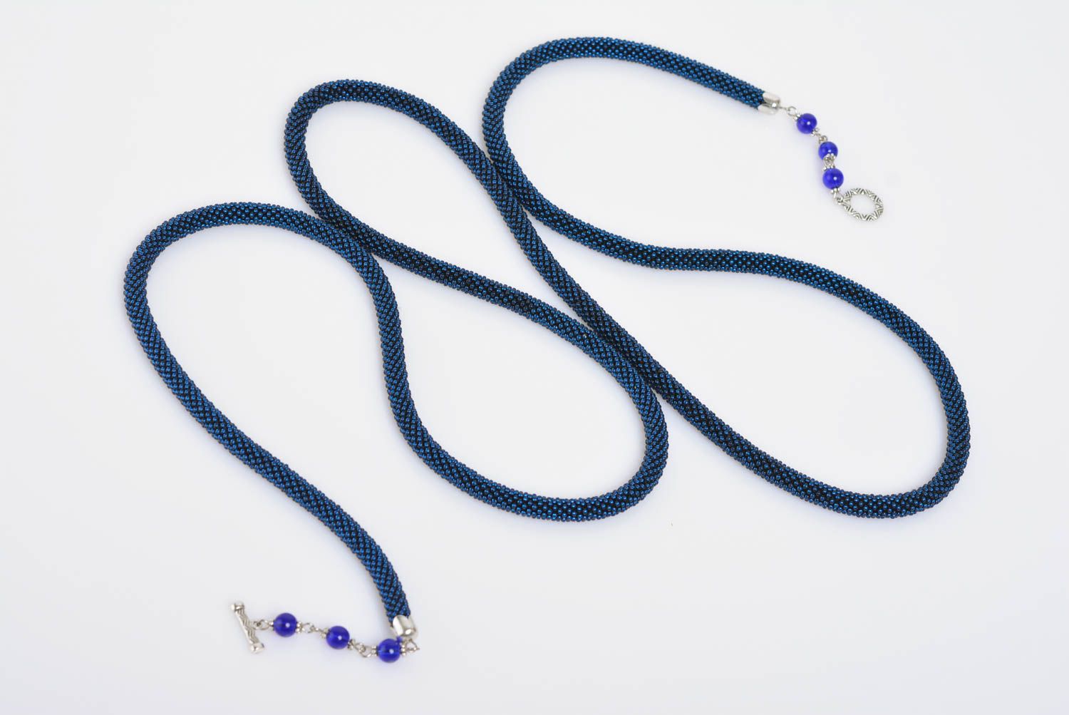 Handmade long laconic designer dark blue bead woven cord necklace for women photo 1