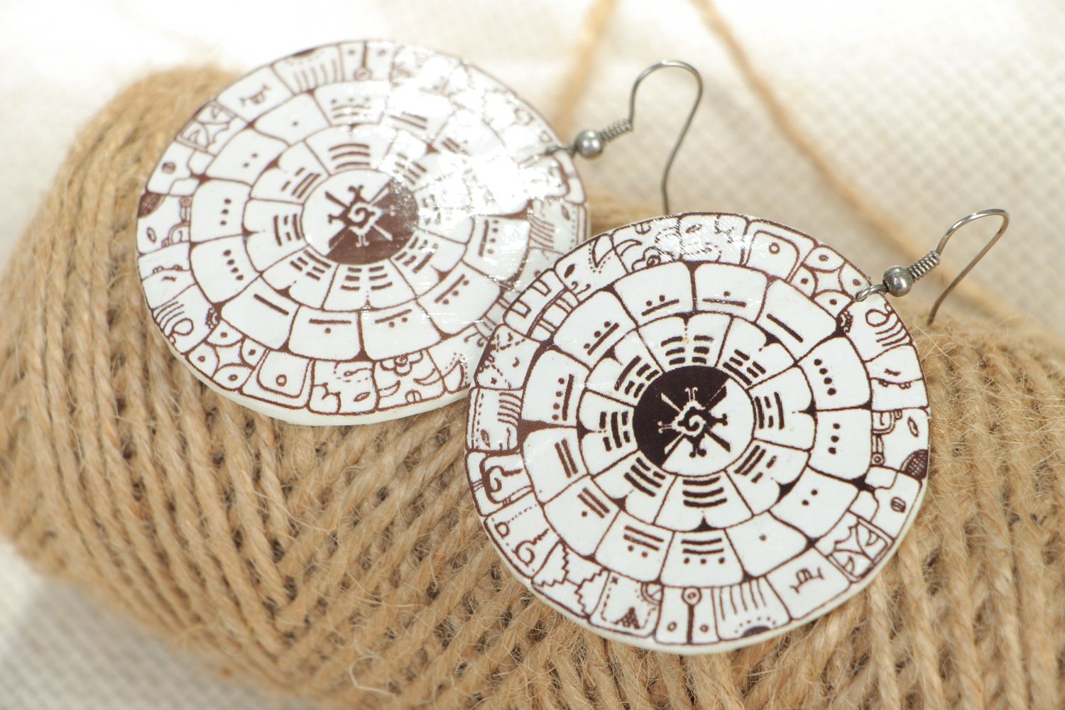 Round polymer clay earrings The Aztecs photo 4