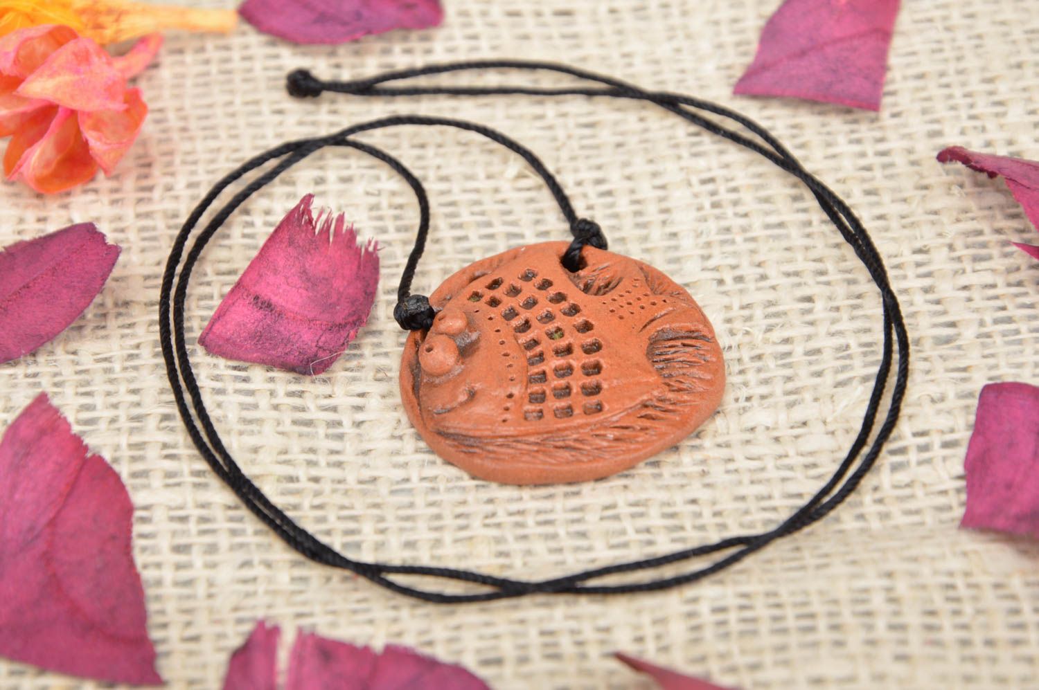 Handmade necklace ceramic pendant necklace on cord 300 mm ethnic jewelry photo 1