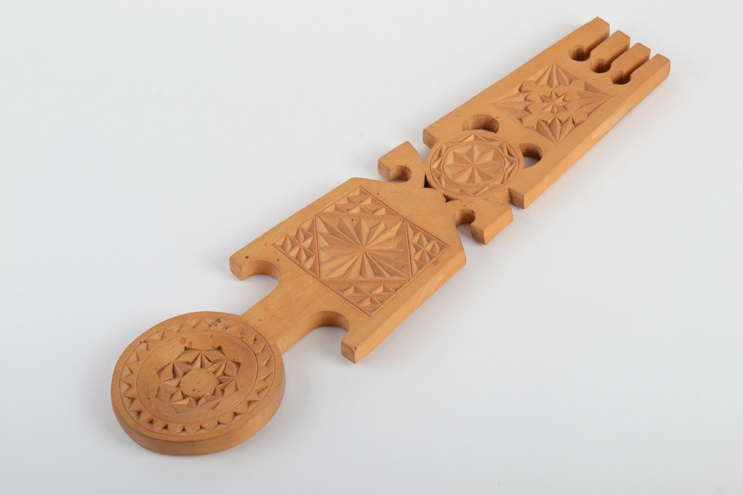 Large handmade wall hanging wooden spoon with rich carved ornament in ethnic style photo 2