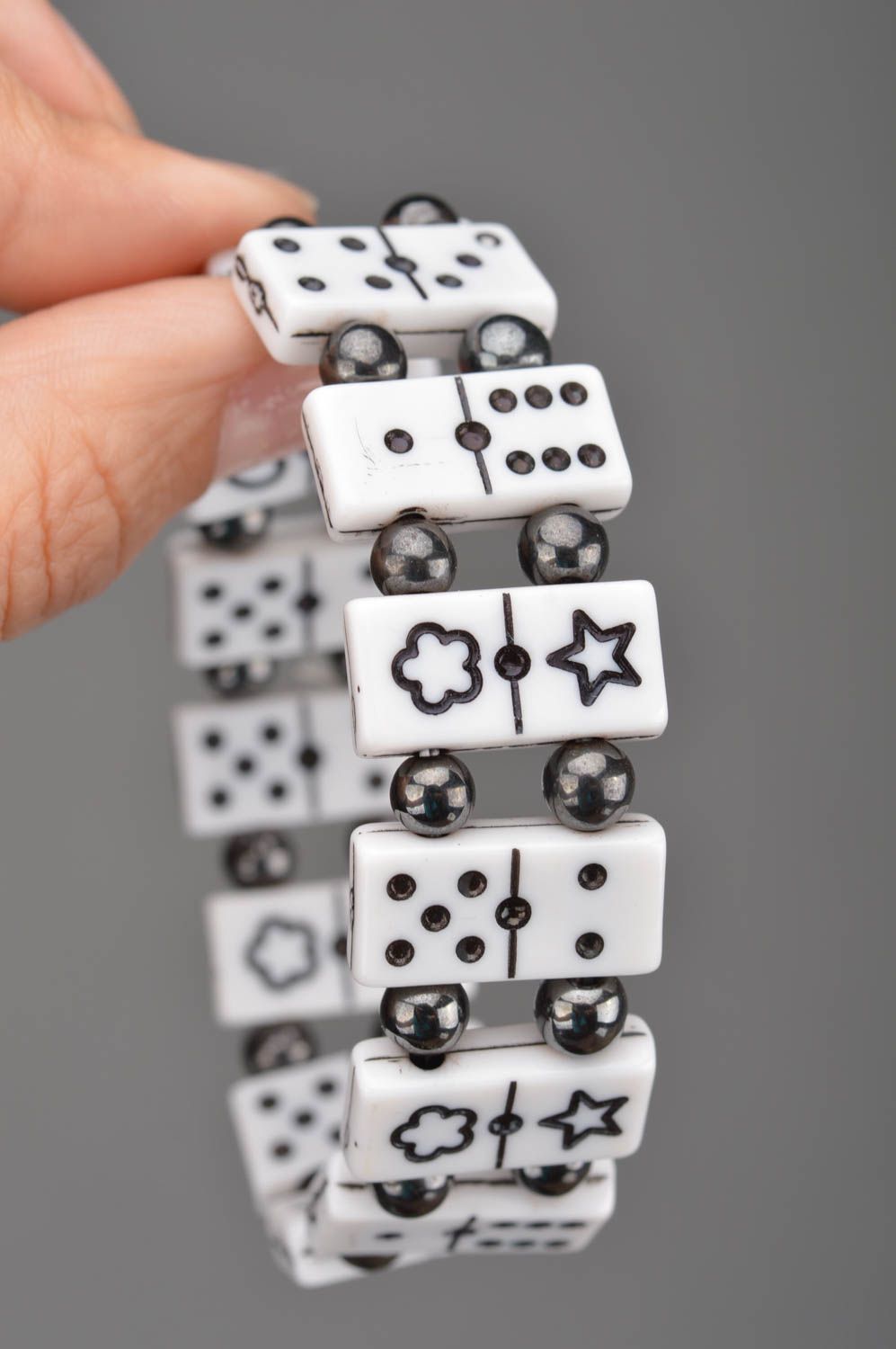 Handmade stylish bracelet made of beads black and white in shape of dominoes photo 3