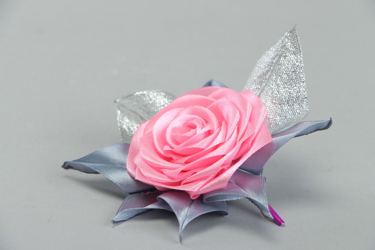 Designer metal hair clip with flower hand made using kanzashi technique photo 2