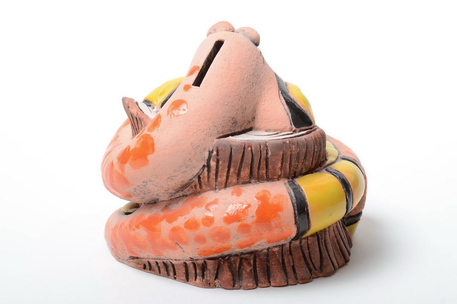 Handmade Sparbüchse aus Keramik Schlange auf Baumstumpf bemalt mit Pigmenten foto 3