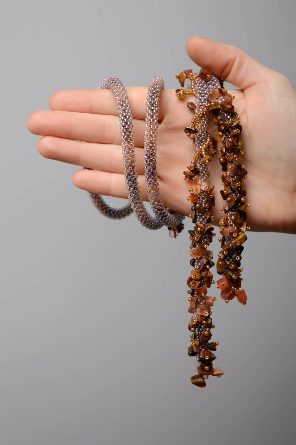 Beaded lariat necklace with tiger's eye stone photo 5