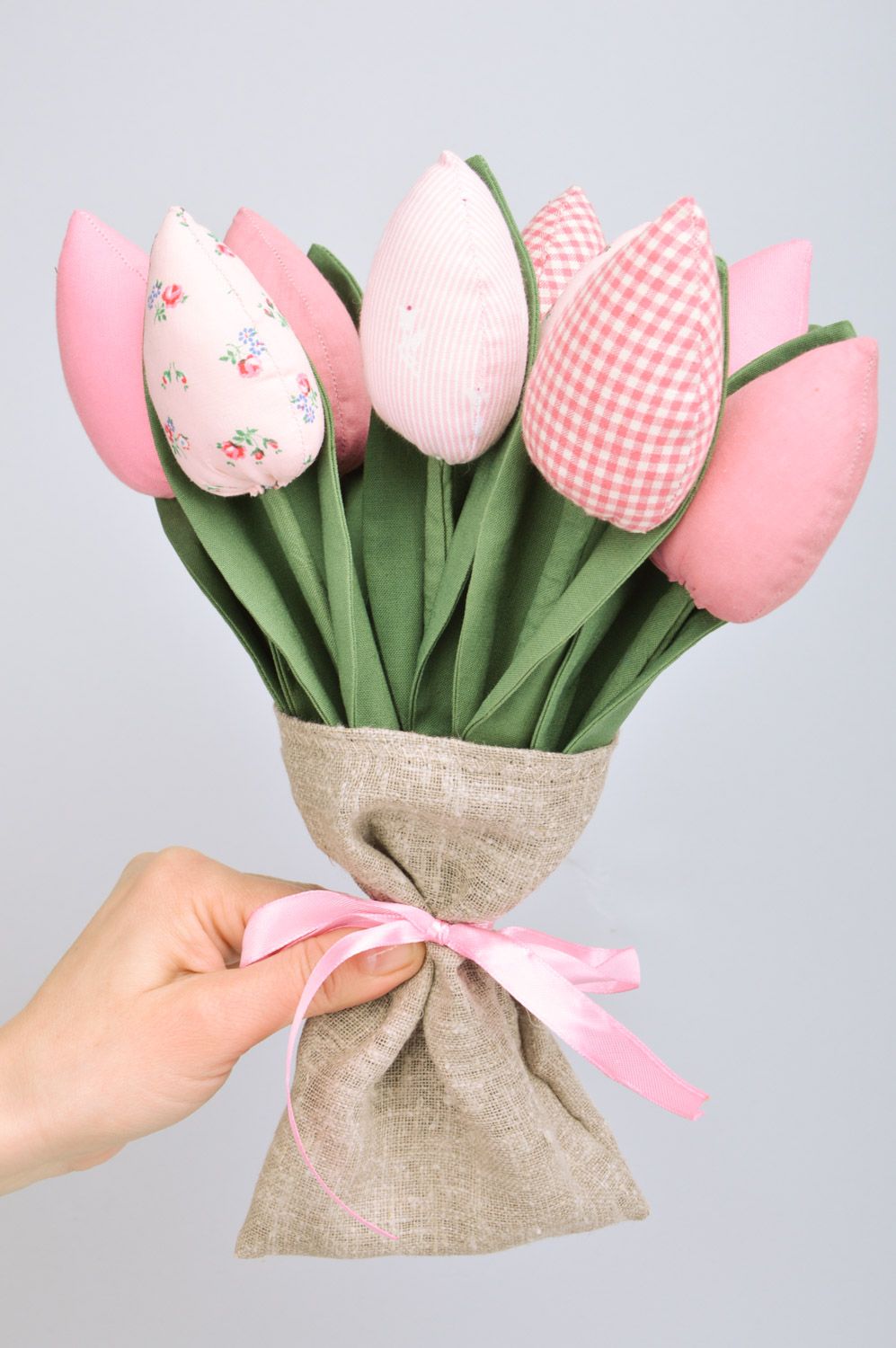 Bouquet of handmade tender pink artificial tulip flowers sewn of fabric 9 items  photo 3