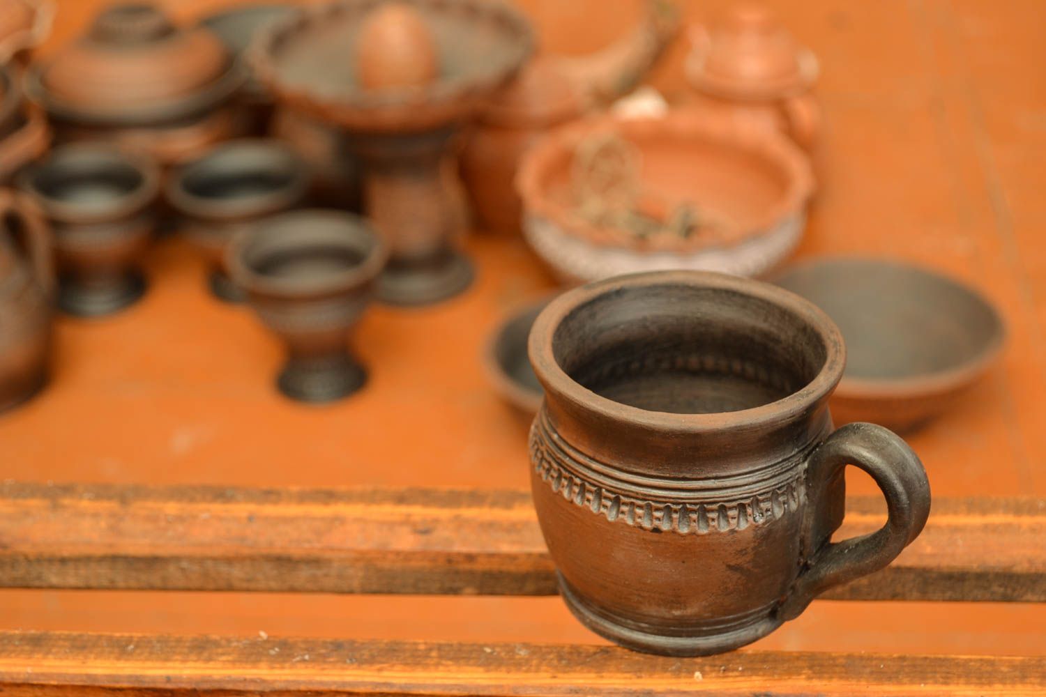 Ceramic cup bowl with handle in dark brown color 0,41 lb photo 1