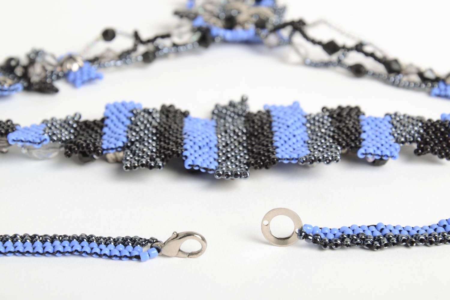 Bijoux fait main Collier femme Bracelet fantaisie perles de rocaille bleu noir photo 5