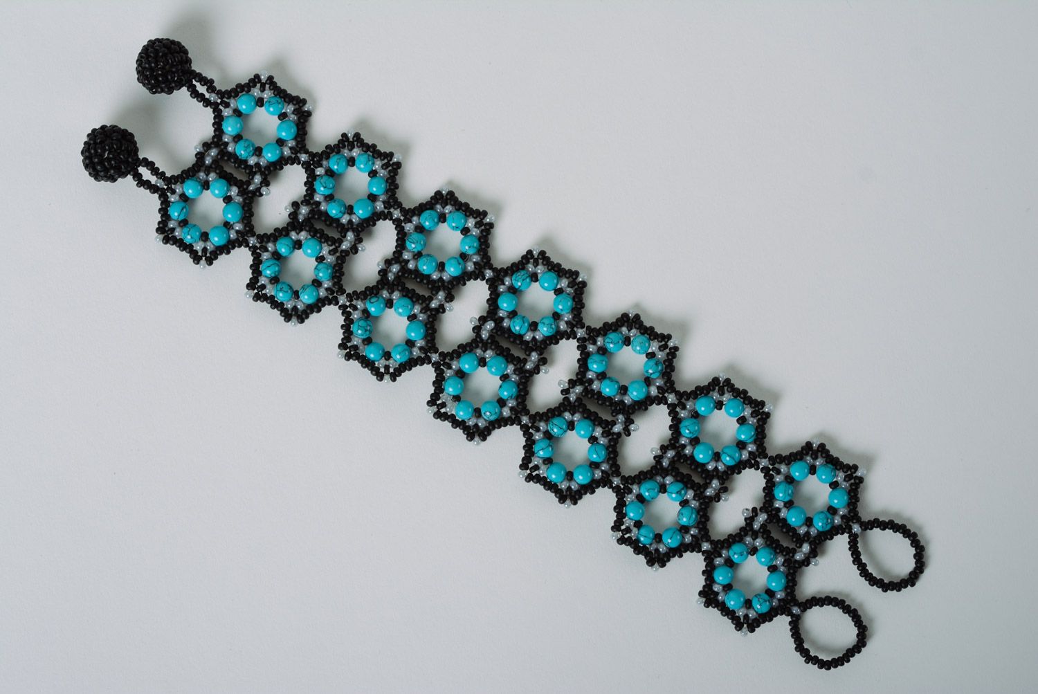 Black and blue handmade designer wrist bracelet woven of beads for women photo 5
