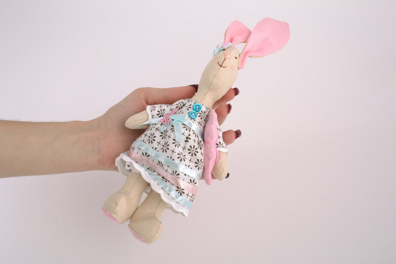 Cute handmade soft toy sewn of cotton fabric tender pink rabbit for little girl photo 2
