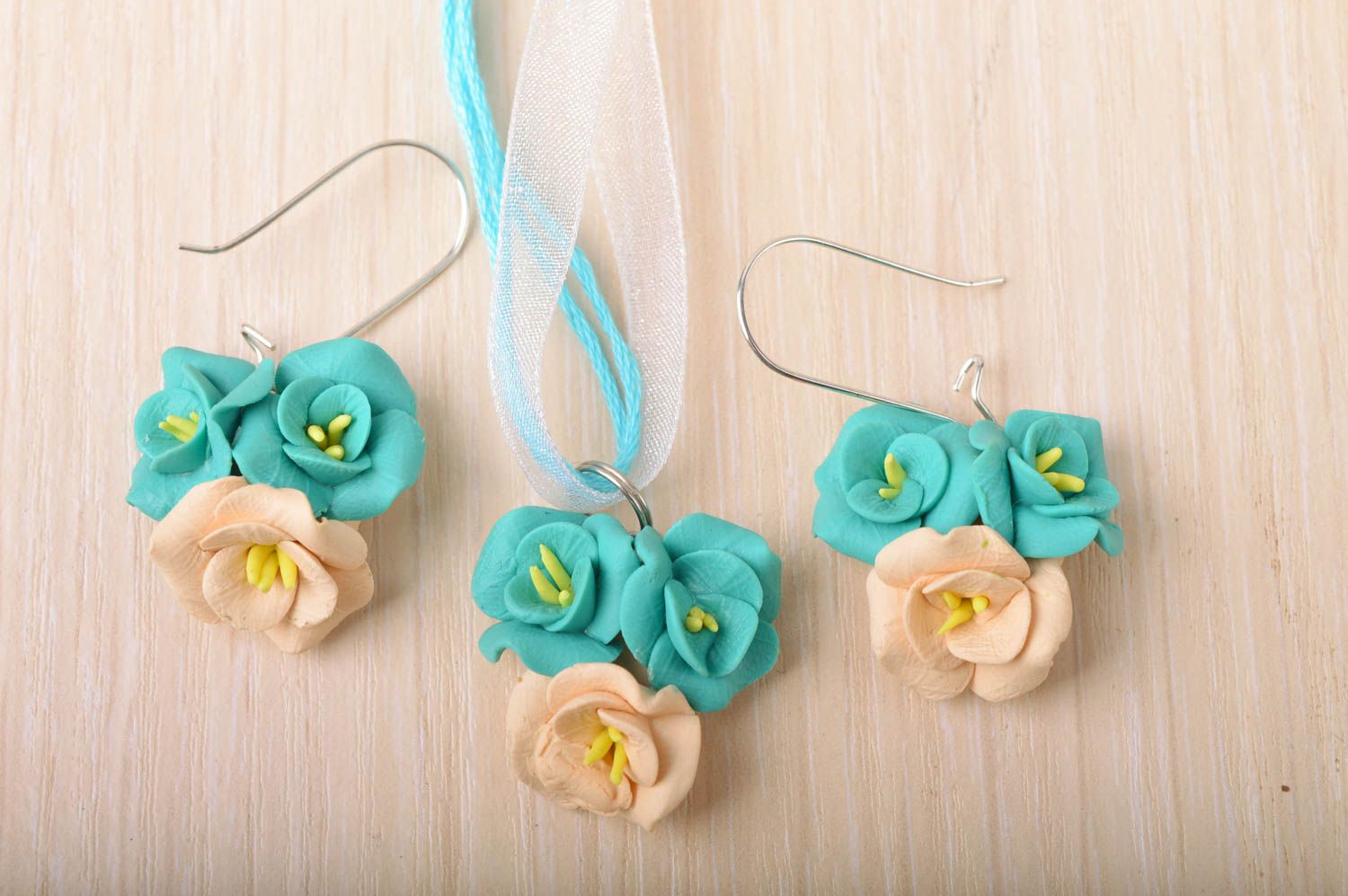 Blue jewelry set made of cold porcelain earrings and pendant with flowers  photo 1
