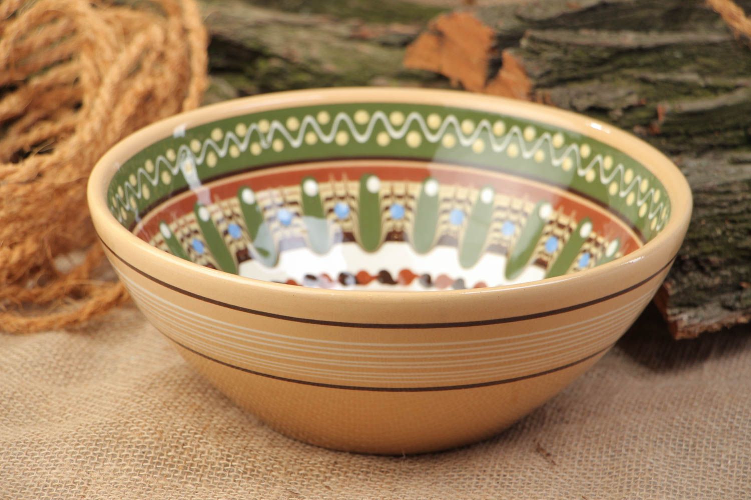 Handmade decorative bowl ornamented with colorful glaze for salads for 2 l photo 1