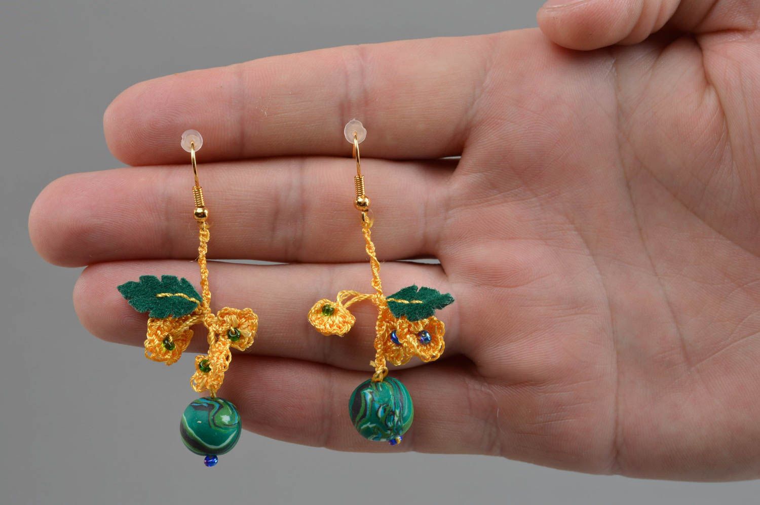 Crocheted earrings with beads long beautiful gentle handmade accessory photo 4