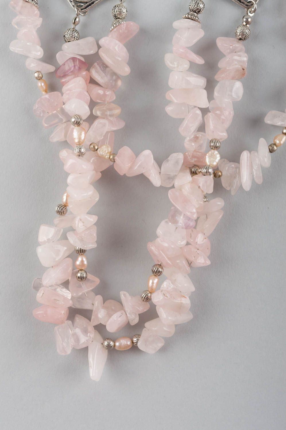 Handmade designer multi row necklace with pink quartz and metal elements photo 4