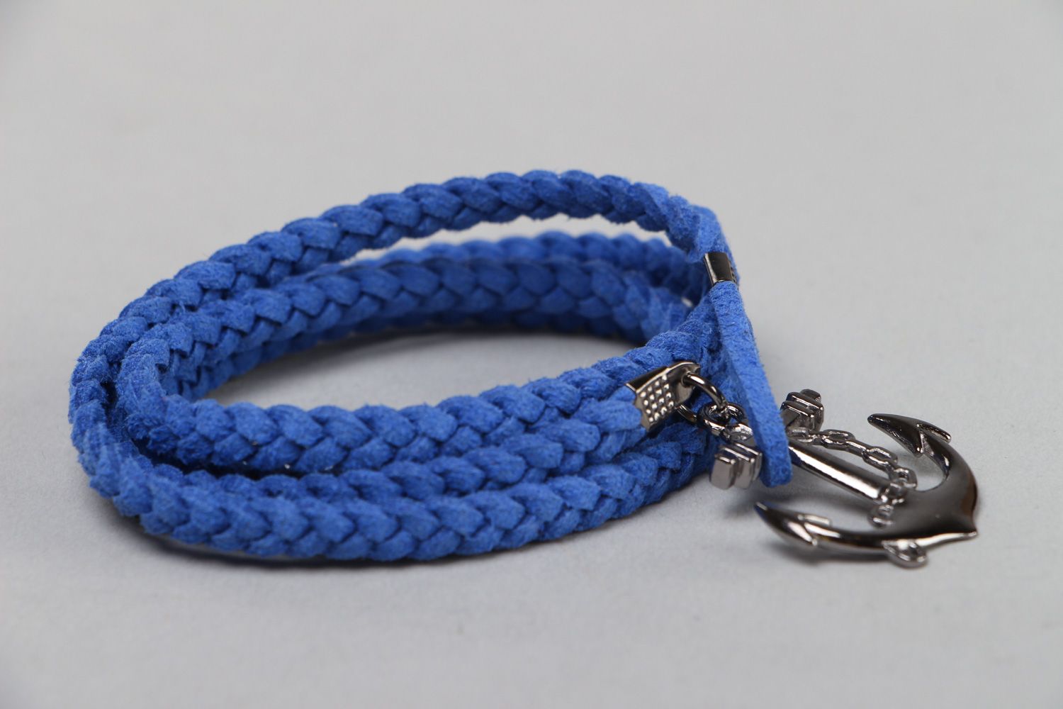 Handmade multi row wrist bracelet with artificial suede of blue color Anchor photo 1